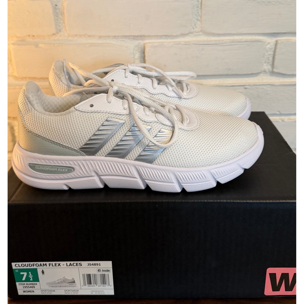 Adidas Cloudfoam Flex Laces •7.5• White Silver Running Shoes Gym Lightweight Low